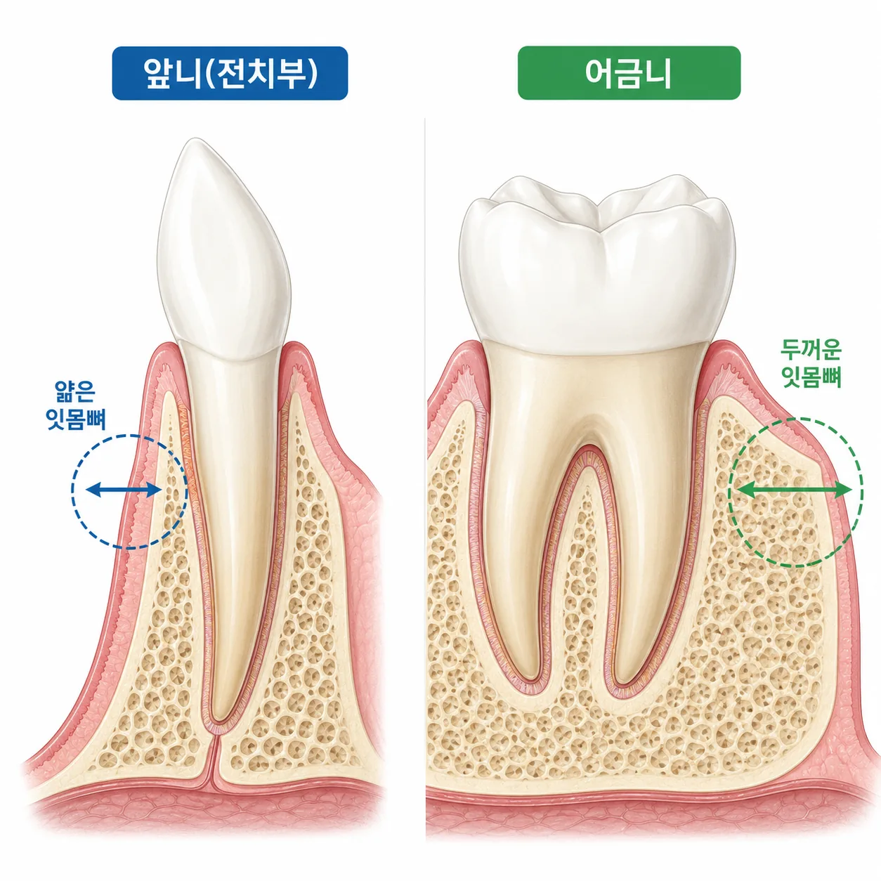 앞니와 어금니의 잇몸뼈 두께 차이 비교 일러스트