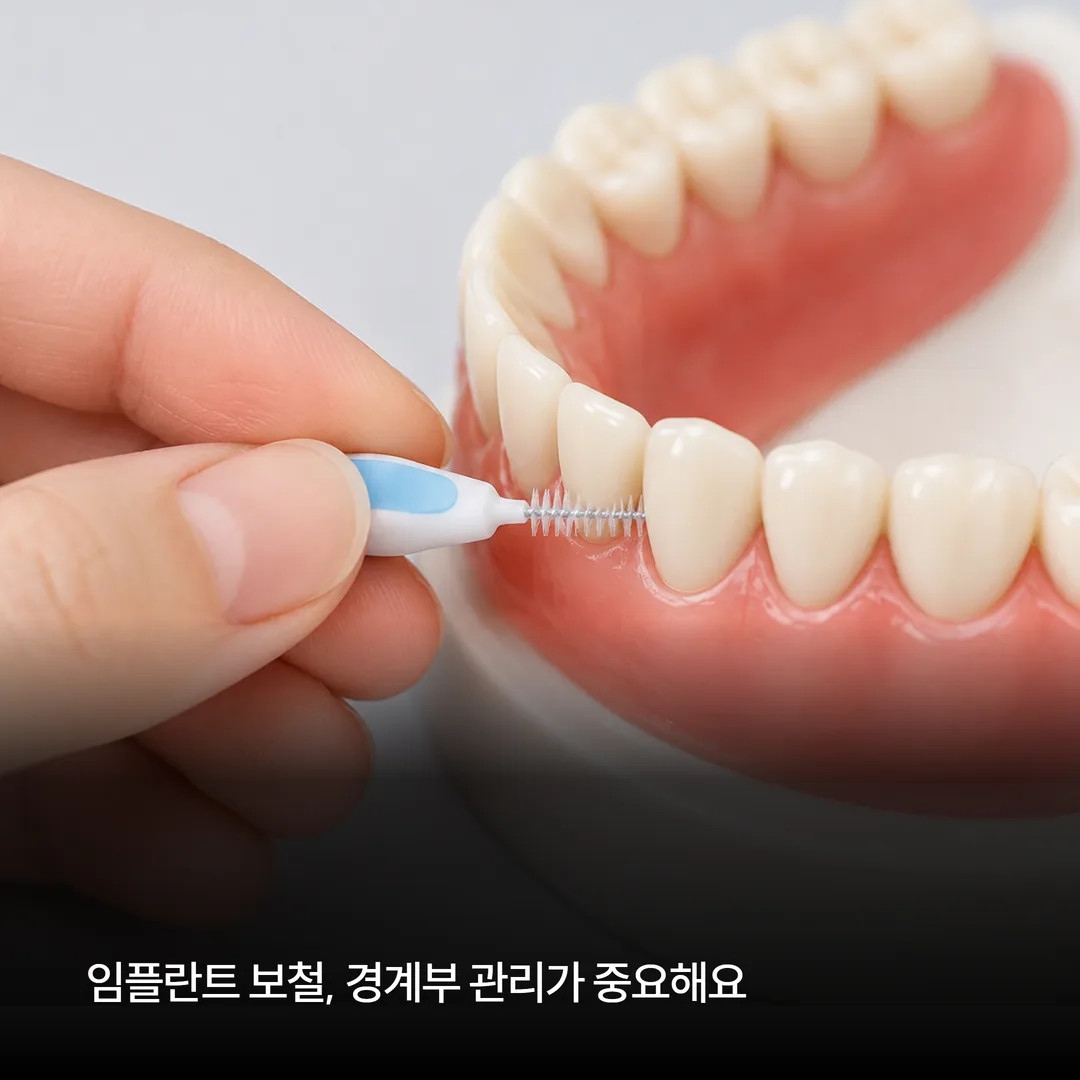 전체 임플란트 보철물 경계 부위를 치간칫솔과 워터픽으로 관리하는 모습