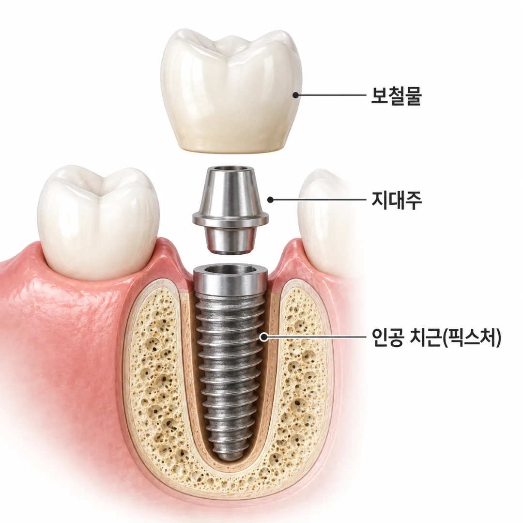 임플란트의 인공 치근, 지대주, 보철물로 이어지는 기본 구조를 설명하는 개념도