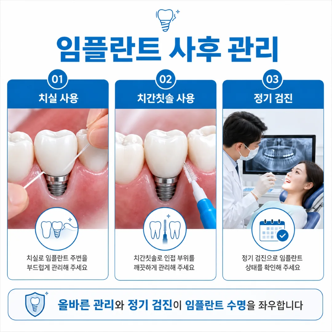 치실과 치간칫솔을 이용한 임플란트 주변 관리와 정기 검진의 중요성을 보여주는 이미지