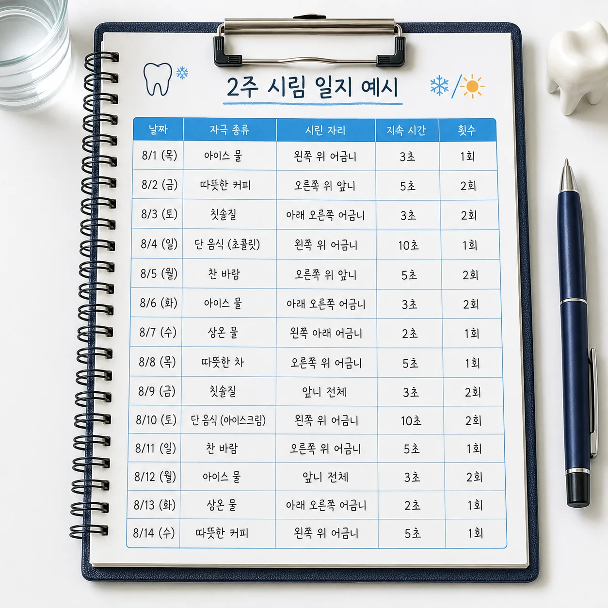 자극 종류와 시린 자리, 지속 시간, 횟수를 적는 2주치 시림 일지 메모 예시