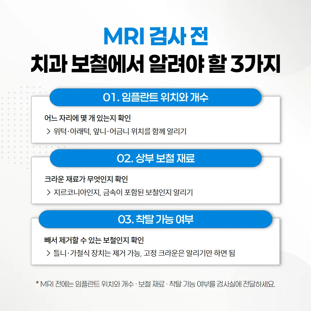MRI 검사 전 치과 보철 정보 확인 체크리스트