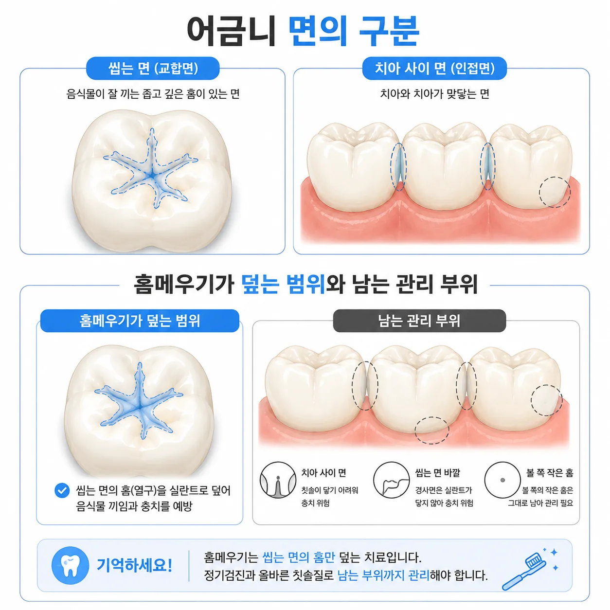 홈메우기가 덮는 범위와 남는 관리 부위 도해