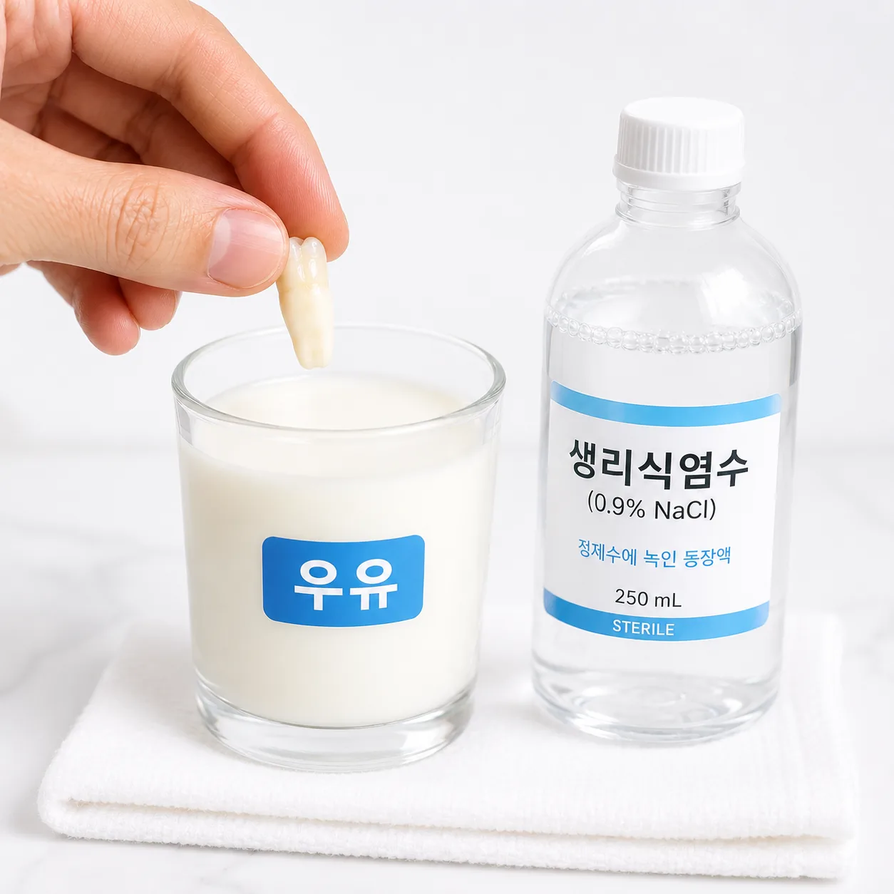 빠진 앞니를 우유와 생리식염수에 보관하는 방법