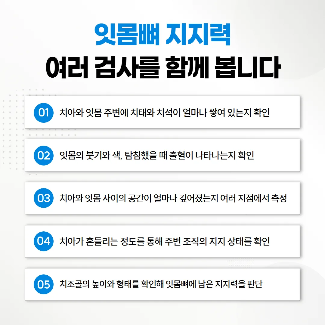 치주 검사 네 항목과 방사선 사진이 잇몸뼈 지지력이라는 하나의 판단으로 모이는 개념도