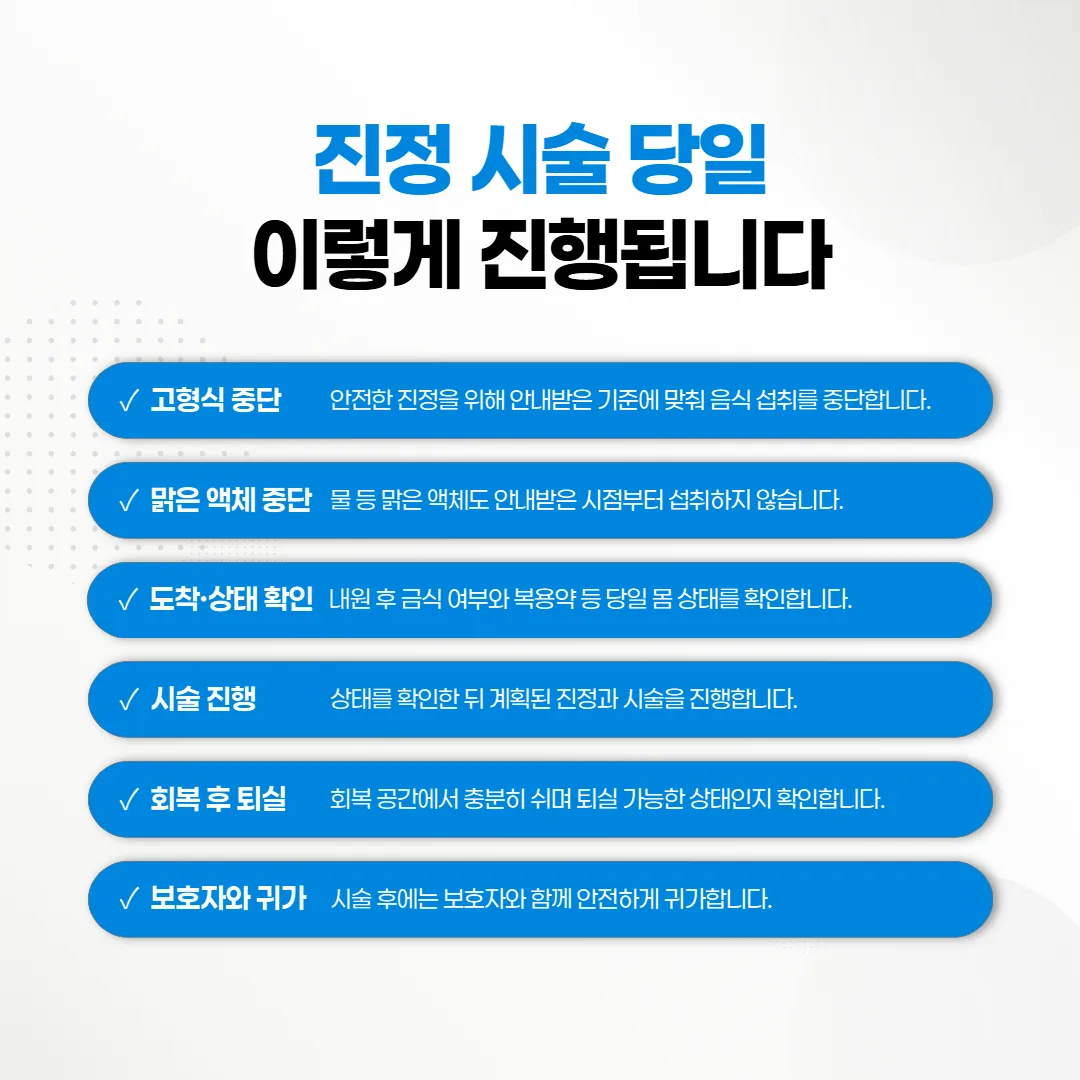 고형식 중단부터 보호자 동반 귀가까지 진정 시술 당일 순서를 정리한 도해