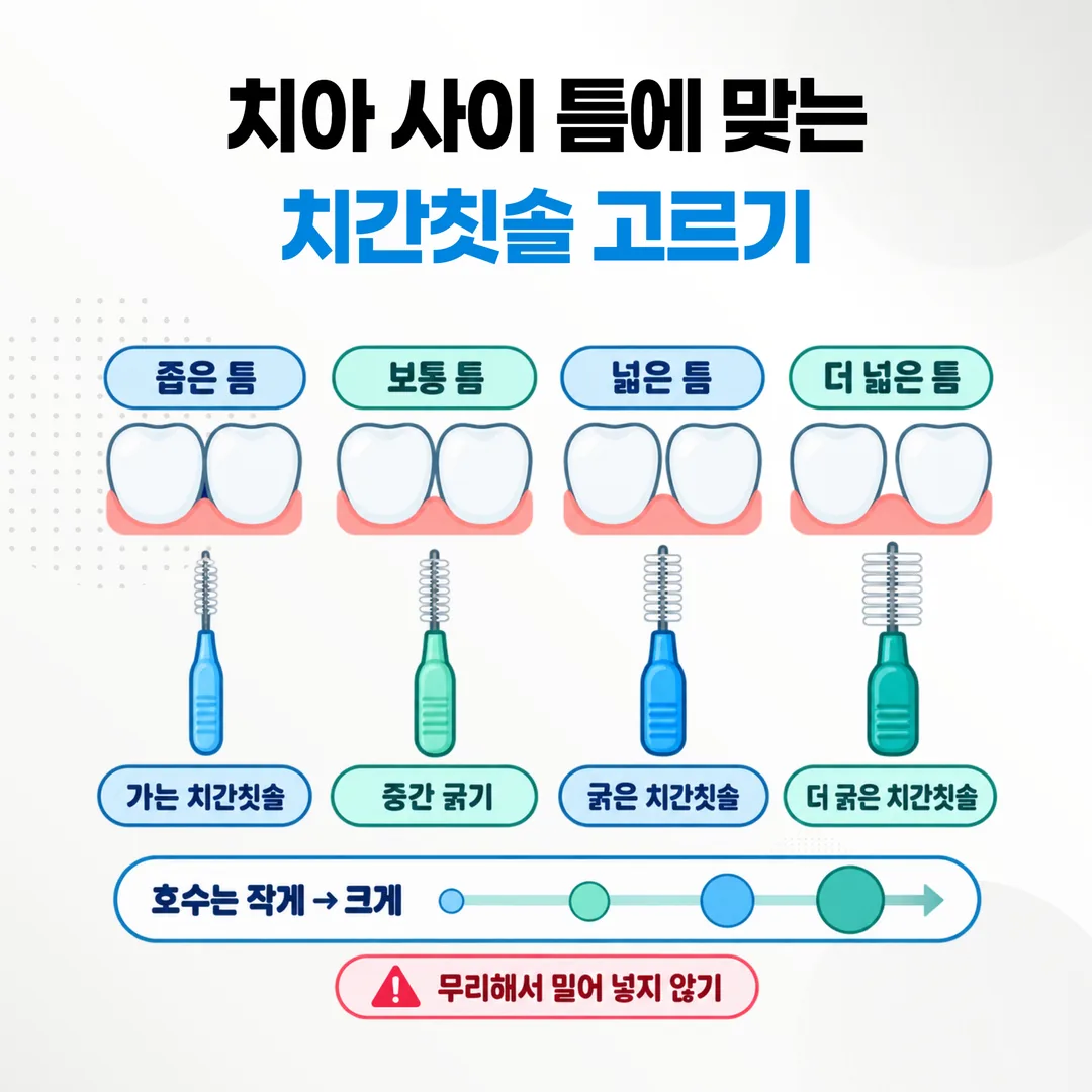 치아 사이 틈 크기와 치간칫솔 호수 선택 기준을 나타낸 도식