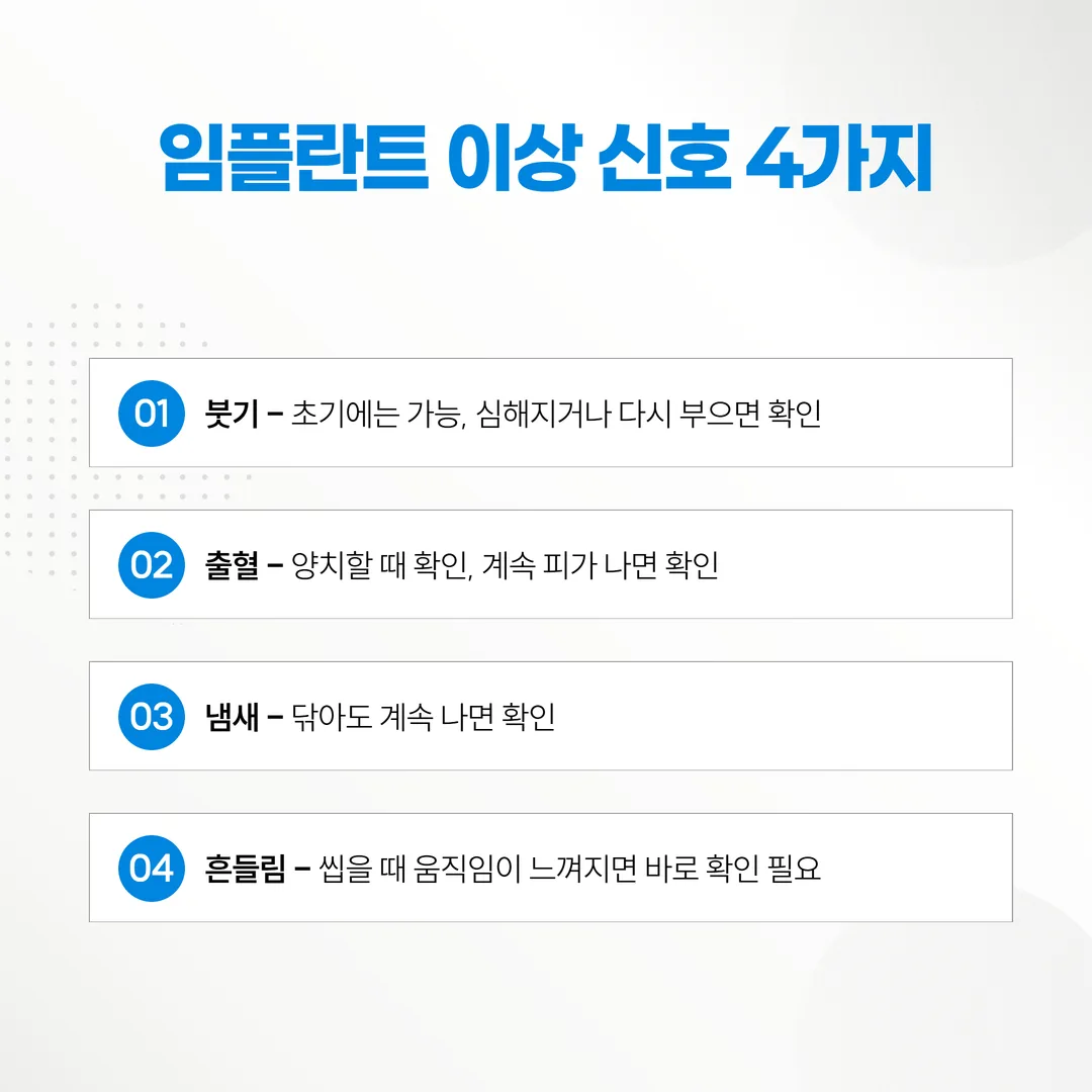 임플란트 주변에서 확인할 네 가지 신호를 정리한 점검 카드