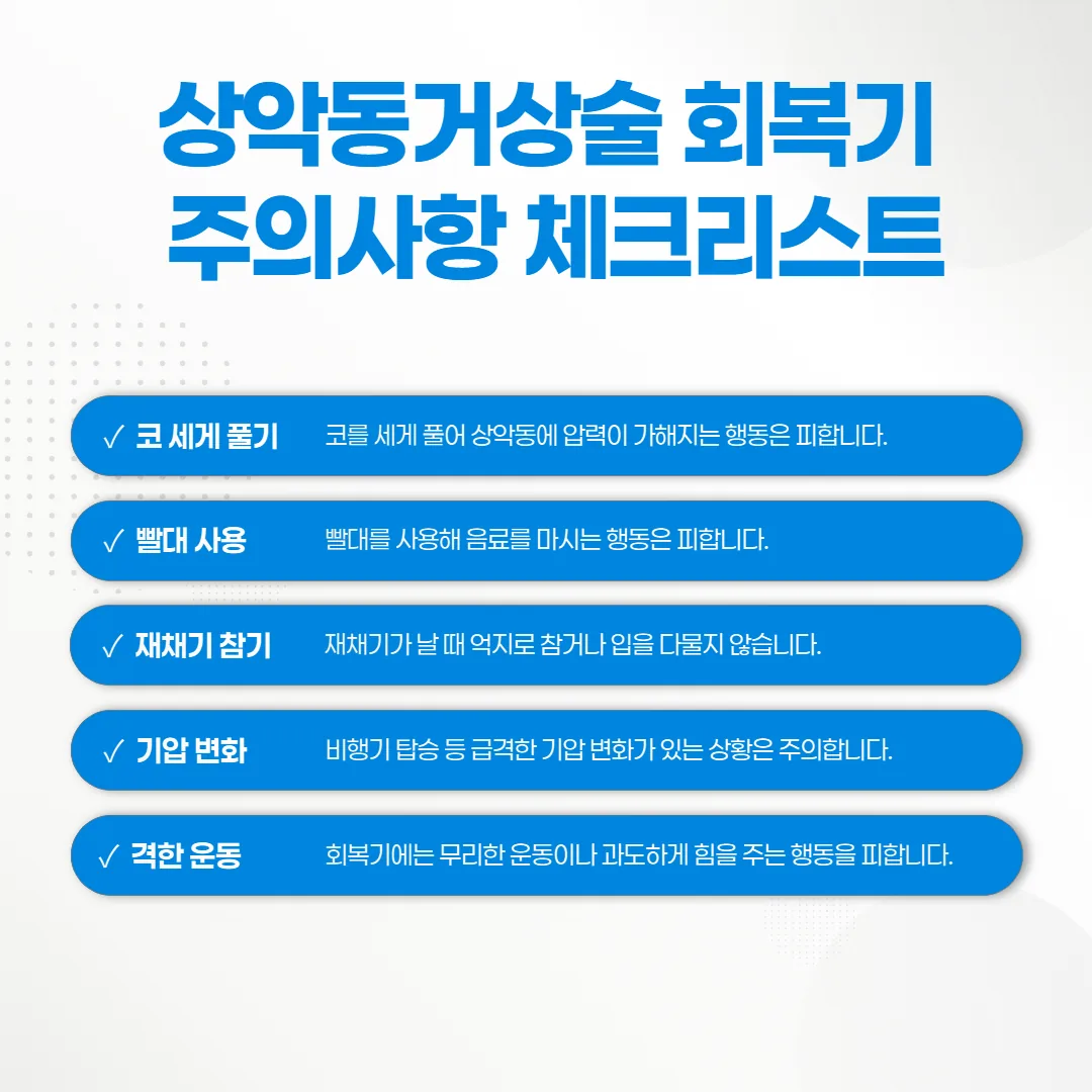 상악동거상술 회복기에 피해야 할 행동을 정리한 체크리스트 도표
