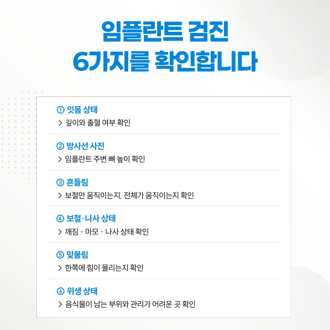 임플란트 검진 항목 여섯 가지를 정리한 도식