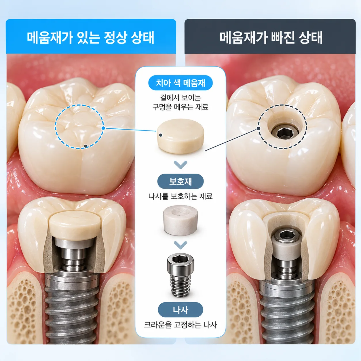 임플란트 크라운만 깨진 경우와 뼈 속 고정체가 부러진 경우를 나눈 구조도